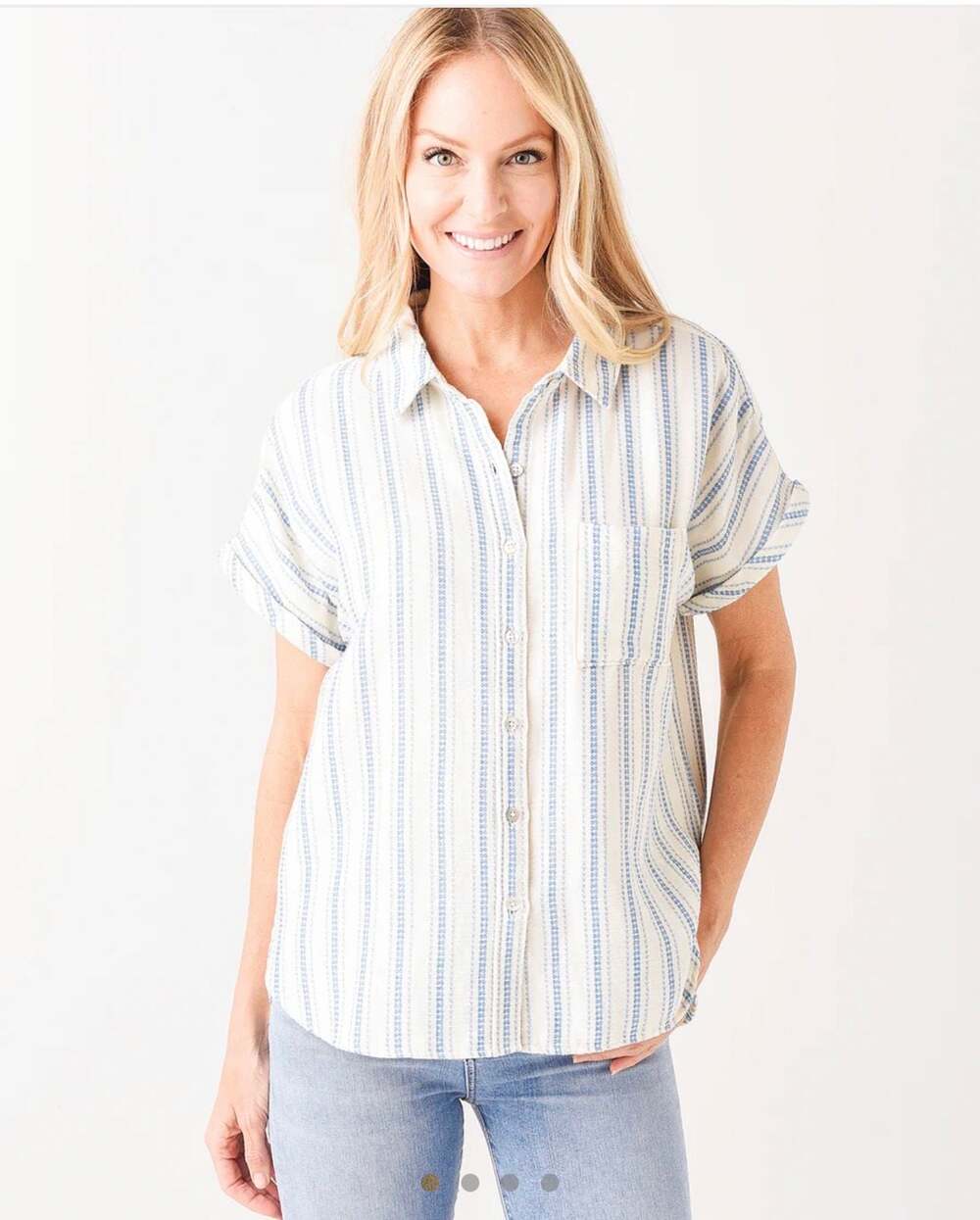 Faherty St. Bernard  Organic Cotton Striped Short Sleeve Button Down Shirt Sz M
